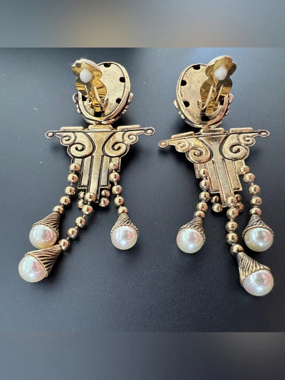 Vintage Egyptian‎ Revival Crystal Pearl Dangle Drop Statement Clip Earrings